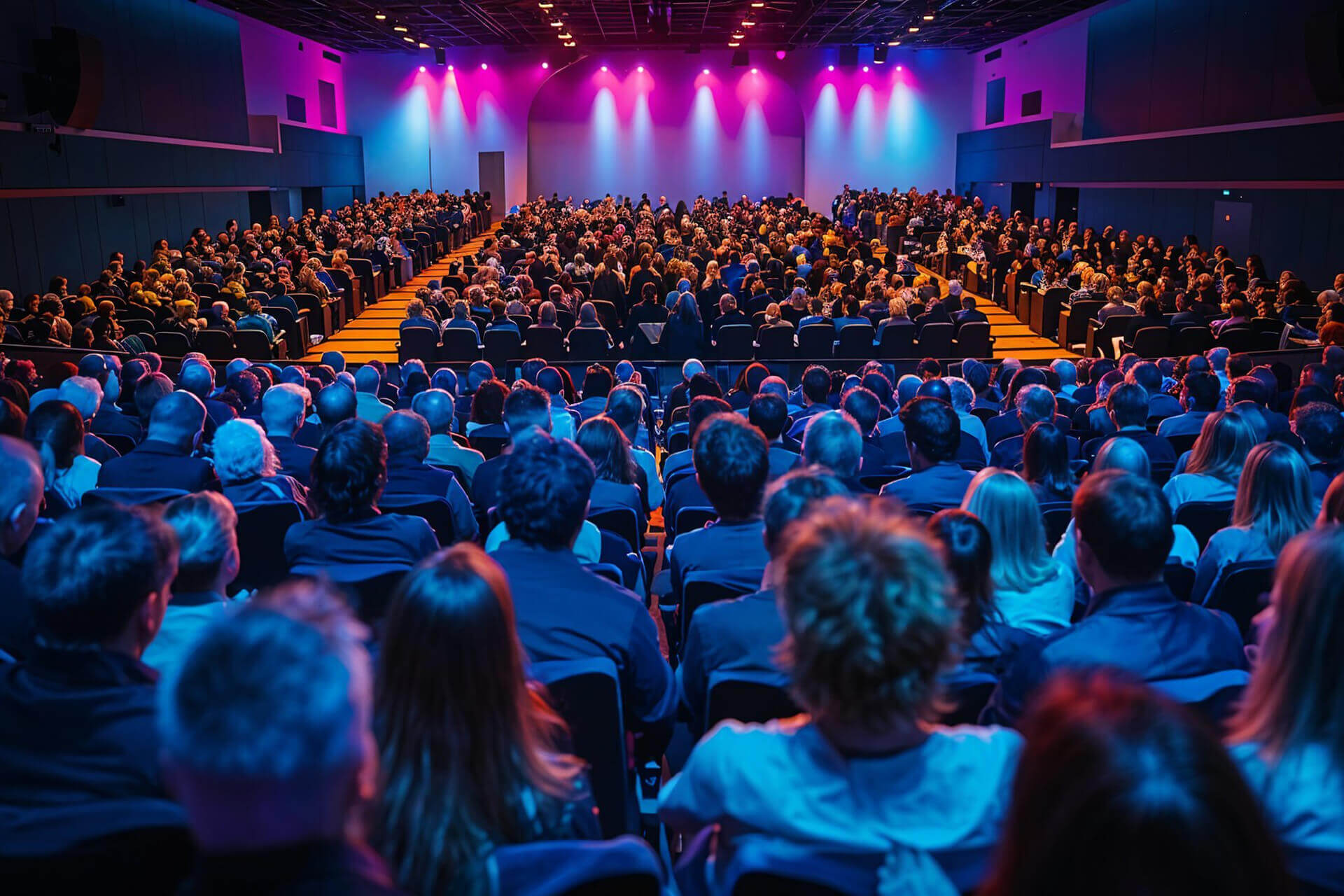 Audience seated at a corporate conference with a speaker on a lit stage